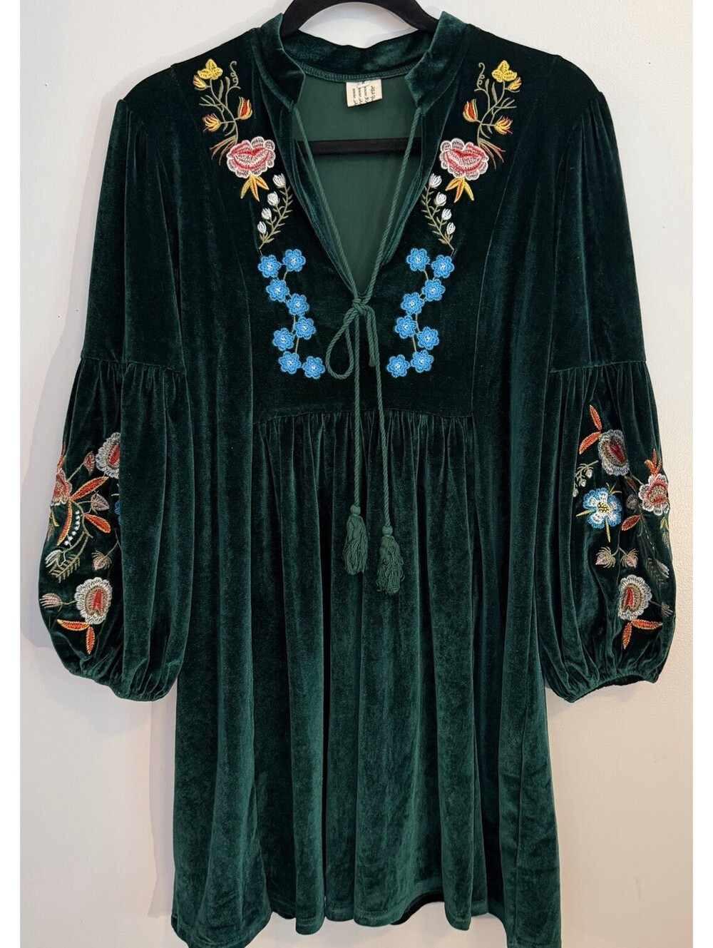 Boho Green Velvet Floral Embroidered Tassel Smocked Fairycore Mini Dress EUC S